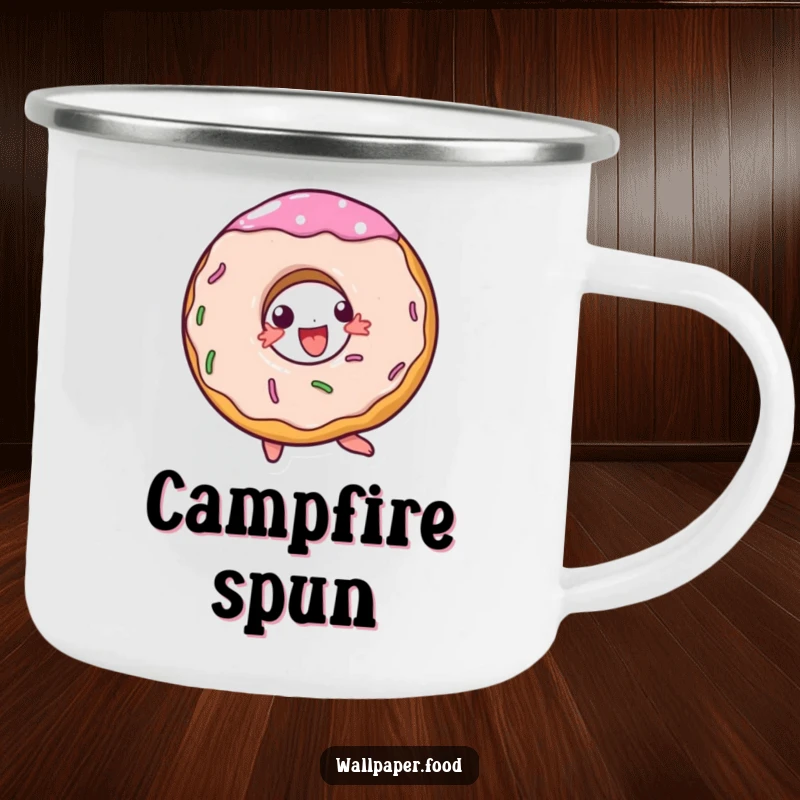 Funny durable camping mug featuring a doughnut character in a joyful spin, perfect for outdoor sweet treats.