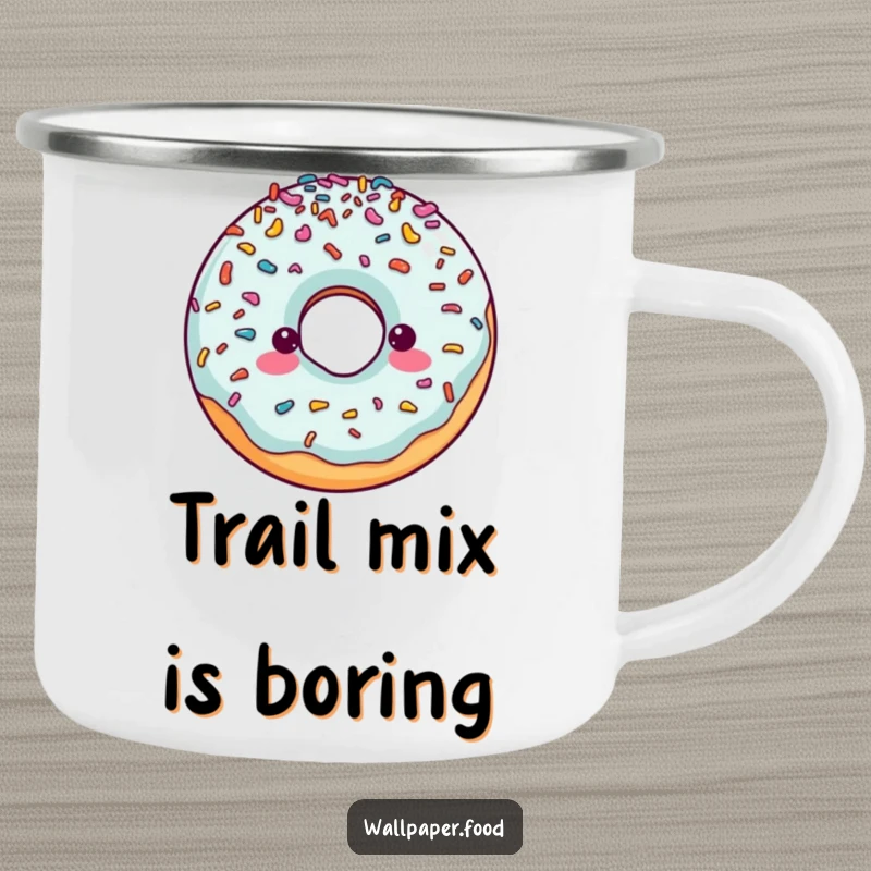 Funny camping mug showing a cheerful doughnut character with an abundance of sprinkles, ideal for outdoor enjoyment and humor.