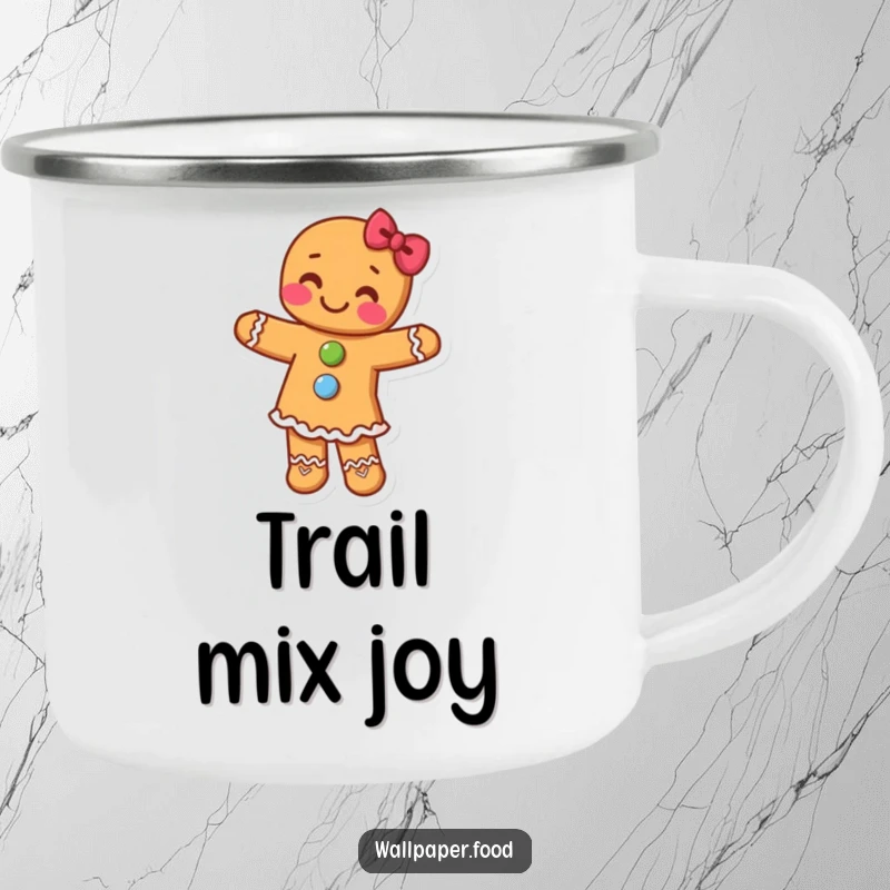 Funny camping mug featuring a gingerbread person with candy buttons dancing with glee, perfect for outdoor holiday fun.