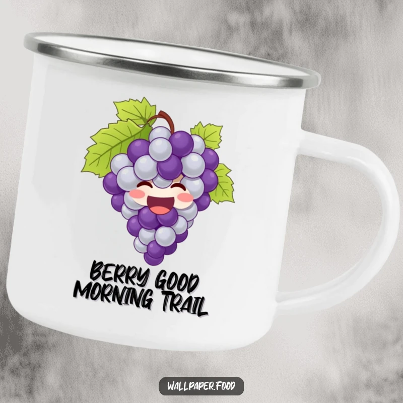 Funny grapes camping mug featuring a giggling bunch of grapes bursting with joy, ready for outdoor fun.