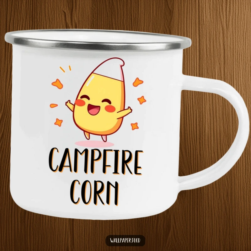 Funny camping mug with a laughing candy corn character bouncing off colorful, bubbly patterns, perfect for outdoor enjoyment.