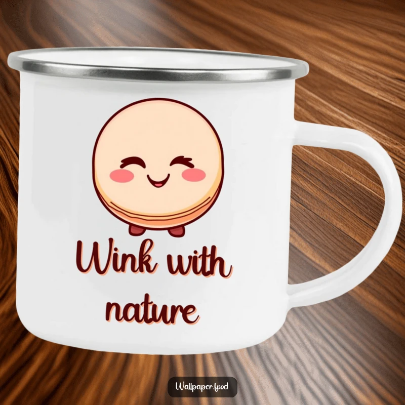 Funny camping mug with a smiling macaron character giving a wink, perfect for outdoor adventures and adding sweet humor.