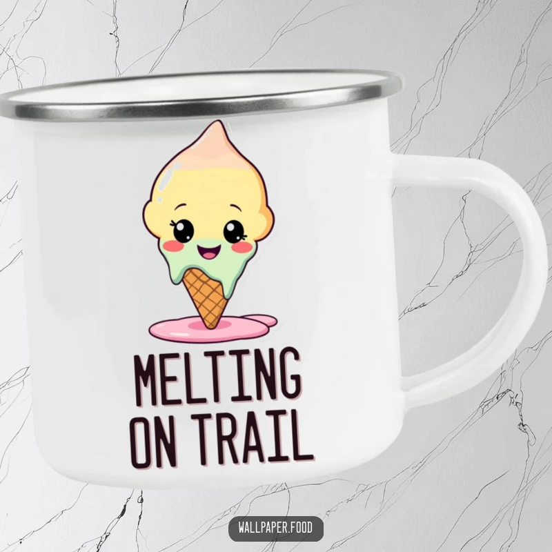 Funny camping mug with a cheerful ice cream cone character melting slightly, perfect for outdoor adventures and adding sweet humor.