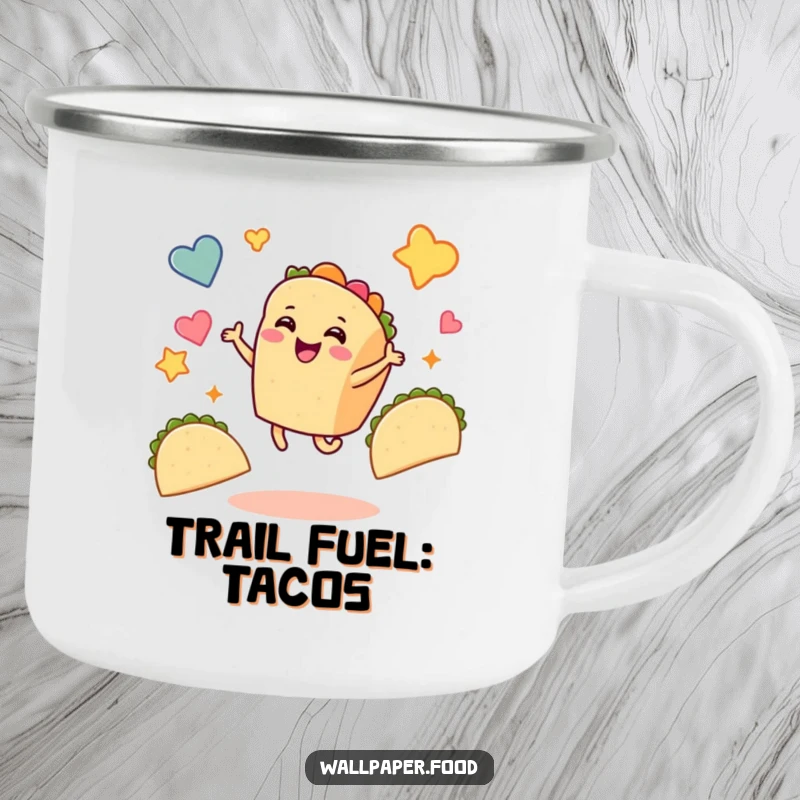 Funny taco camping mug with a smiling taco character dancing joyfully during an outdoor adventure, surrounded by taco shapes.
