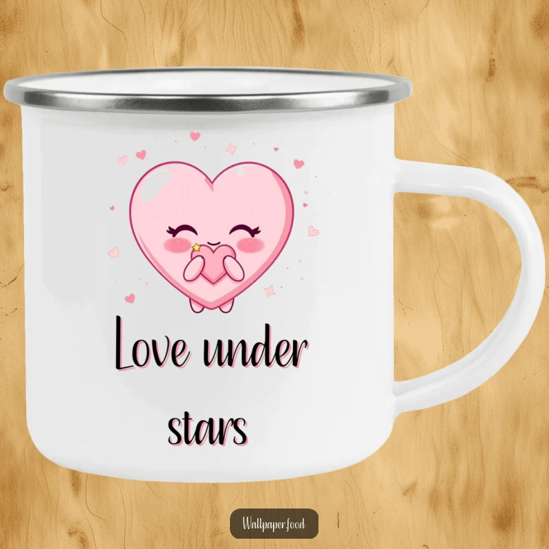 Funny Candy Heart Camping Mug: Happy character happily blowing surrounded by glitter, durable and humorous for outdoor use.