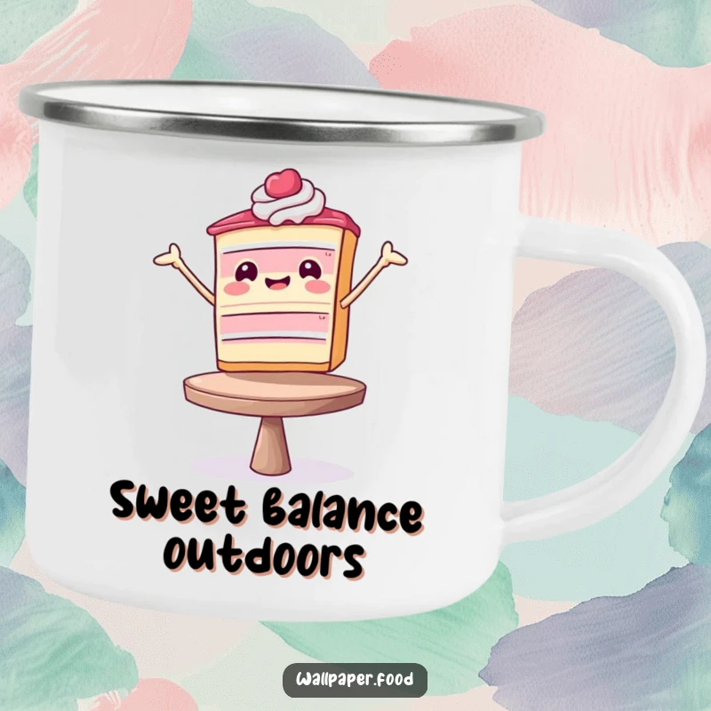 Funny Camping Mug: A determined cake slice balancing on an adventure, a durable and funny gift for outdoor enthusiasts.