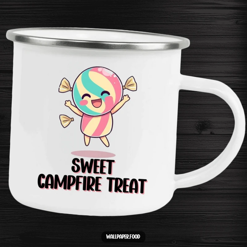 Funny camping mug featuring a dancing candy character inside its wrapper, shimmering with excitement, perfect for enjoying drinks outdoors.