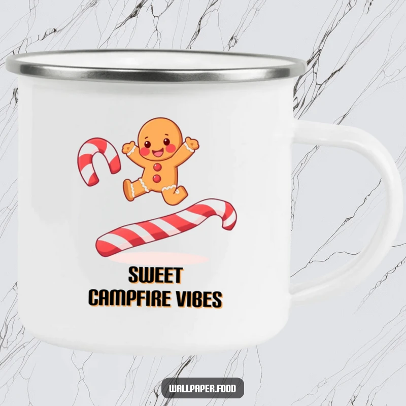 Funny joyful gingerbread man leaping over candy cane stripes on a durable camping mug for festive outdoor fun.