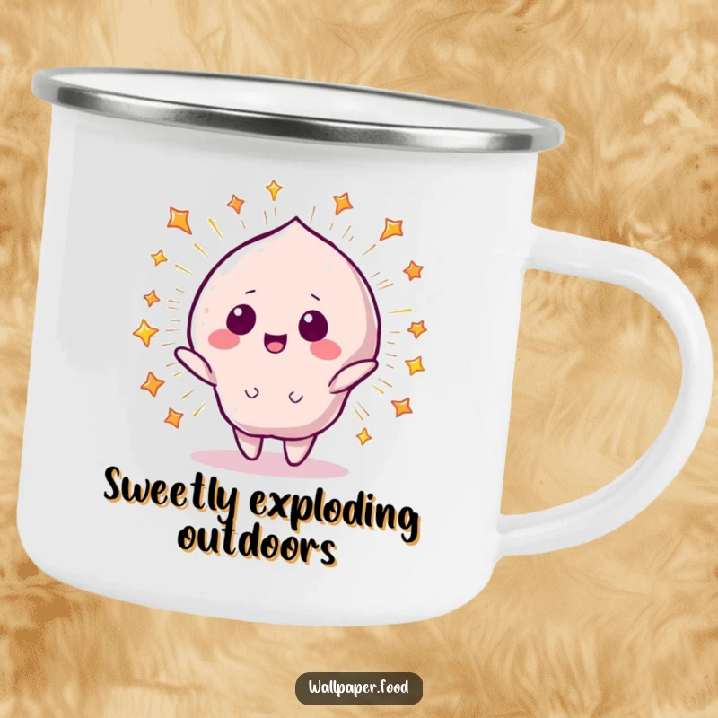 Funny Camping Mug: A beaming candy character surrounded by a starry explosion, designed for outdoor fun and humor.