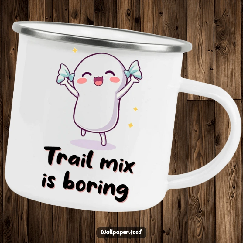 Funny dancing candy camping mug with a shimmering wrapper, showcasing an excited candy ready for outdoor fun.