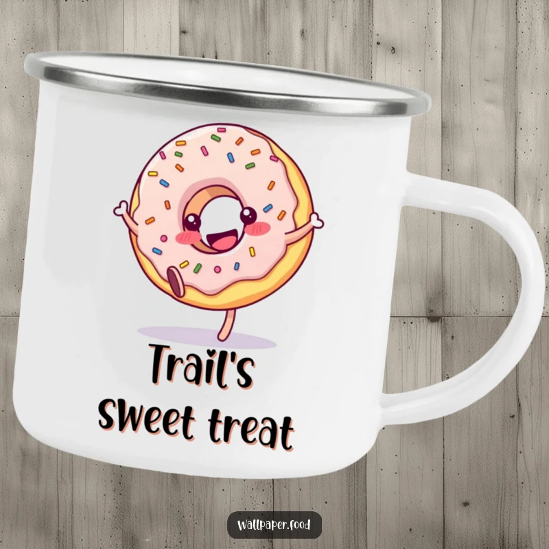 Funny donut camping mug with sprinkles doing a delightful cartwheel, ready for outdoor adventures and sweet beverages.
