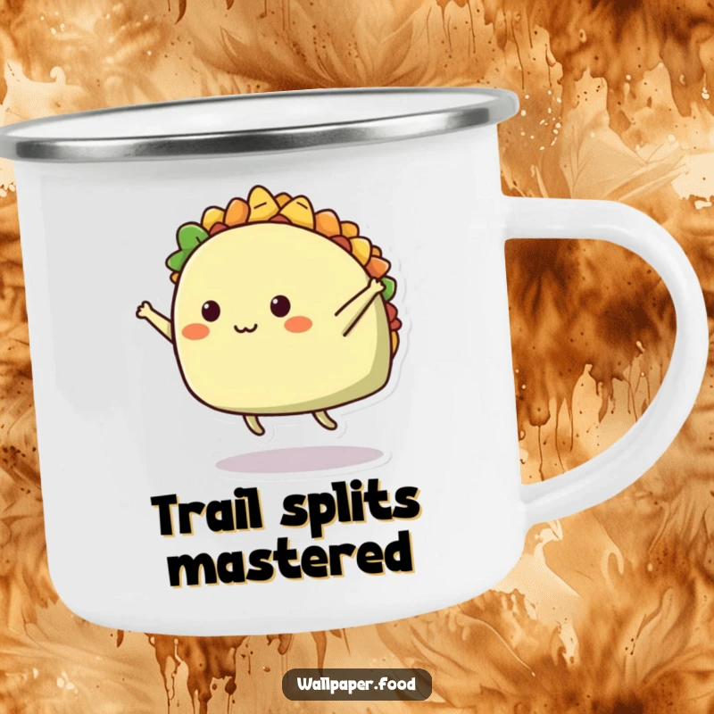 Funny camping mug with a cheerful taco character in a mid-air split, designed for outdoor enthusiasts who appreciate a laugh.