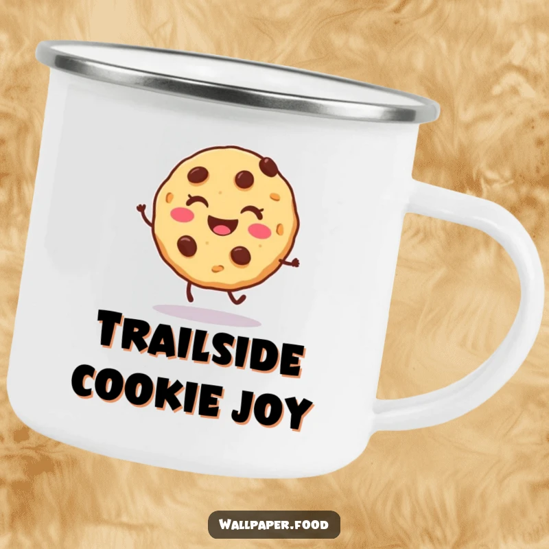 Funny cookie camping mug featuring a character doing a joyful hop, ideal for outdoor treats and fun.