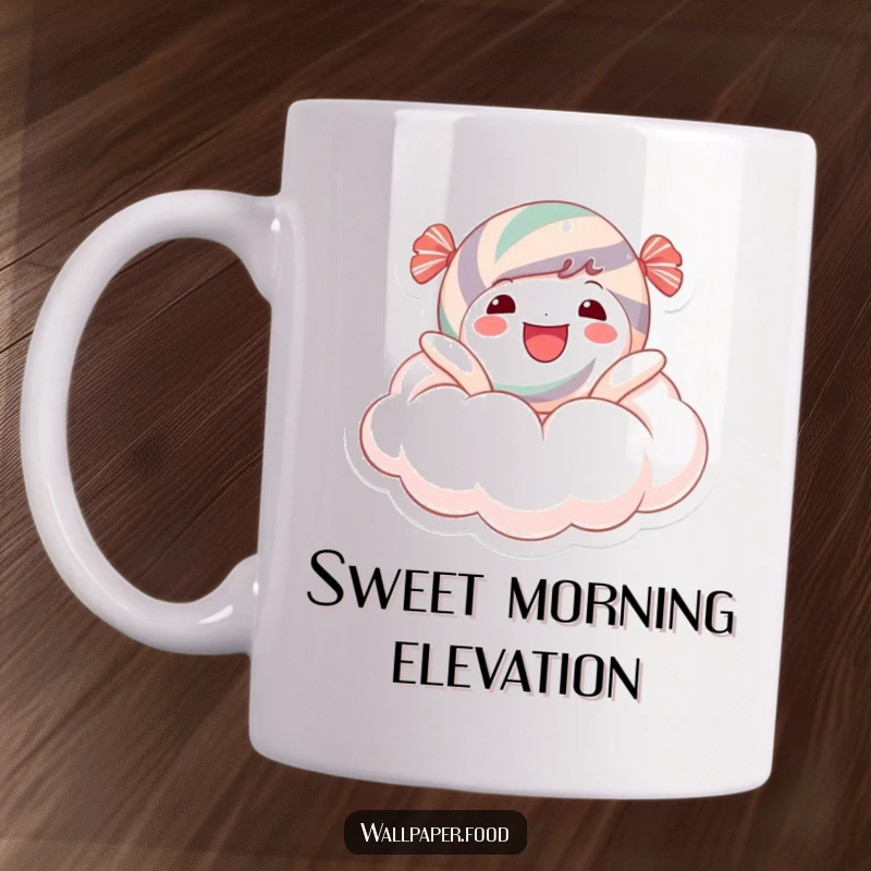 Funny Mug: A happy candy character joyfully floating on a fluffy, sugary cloud, embodying sweet dreams and lighthearted fun.