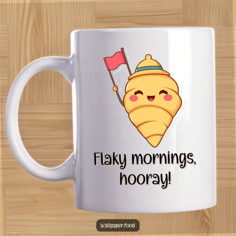 Funny mug featuring a cheerful croissant wearing a jaunty hat and waving a tiny flag, perfect for bakers and breakfast lovers. Funny gift.