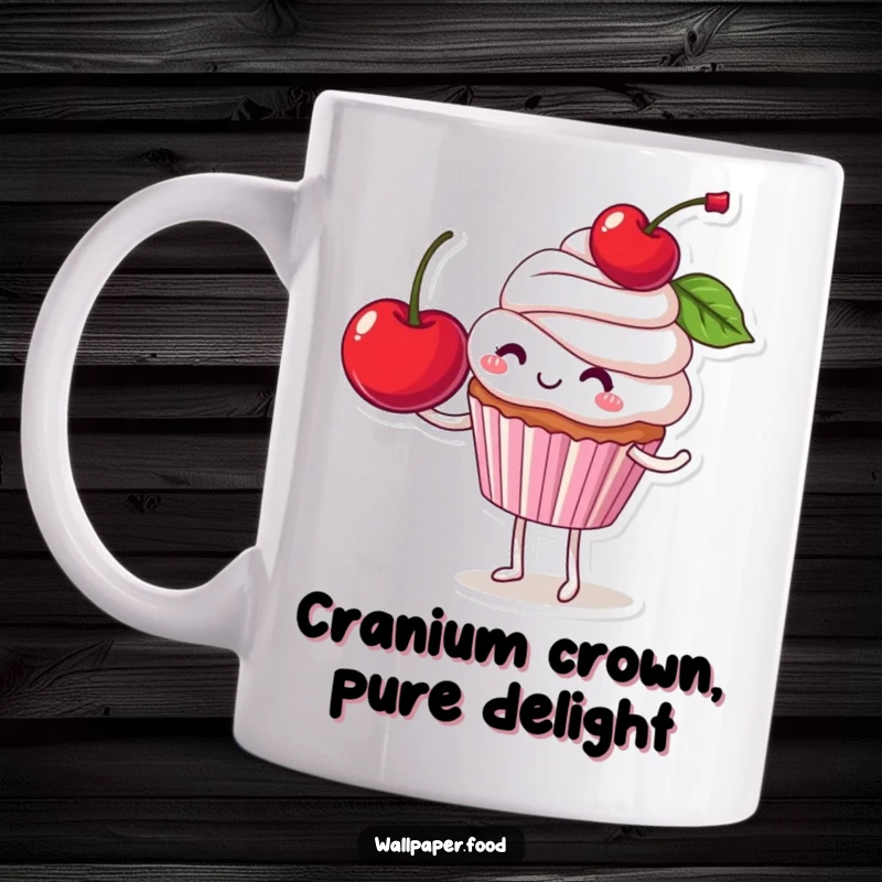 Funny mug of a smiling cupcake character struggling to balance a comically large cherry on top, a delightful and humorous scene.