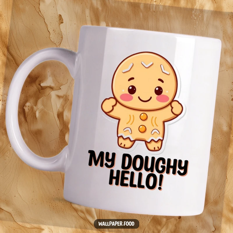 Funny gingerbread cookie character with a big smile, cheerfully waving hello, ready to brighten your day on a ceramic mug.