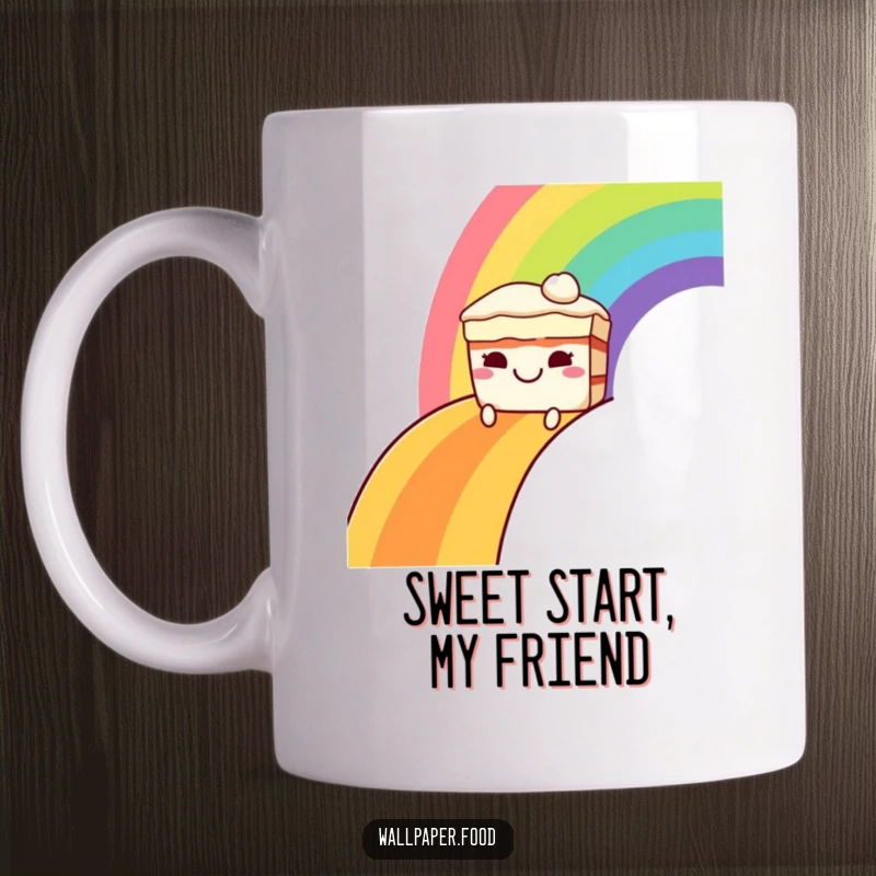 Funny mug with a grinning cake character joyfully sliding down a vibrant rainbow, radiating happiness and a sweet, colorful vibe.