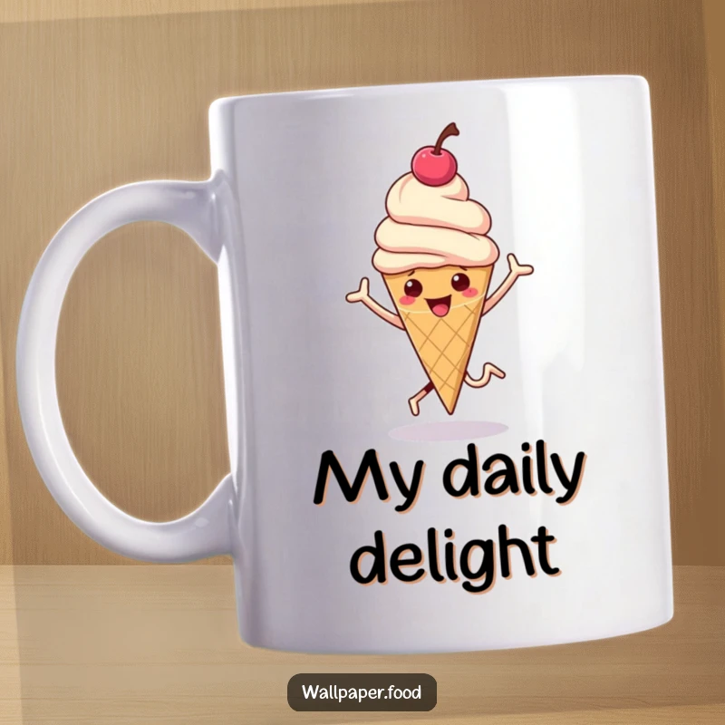 Funny hopping ice cream cone mug with a cherry on top bouncing, full of sweet energy and joy.