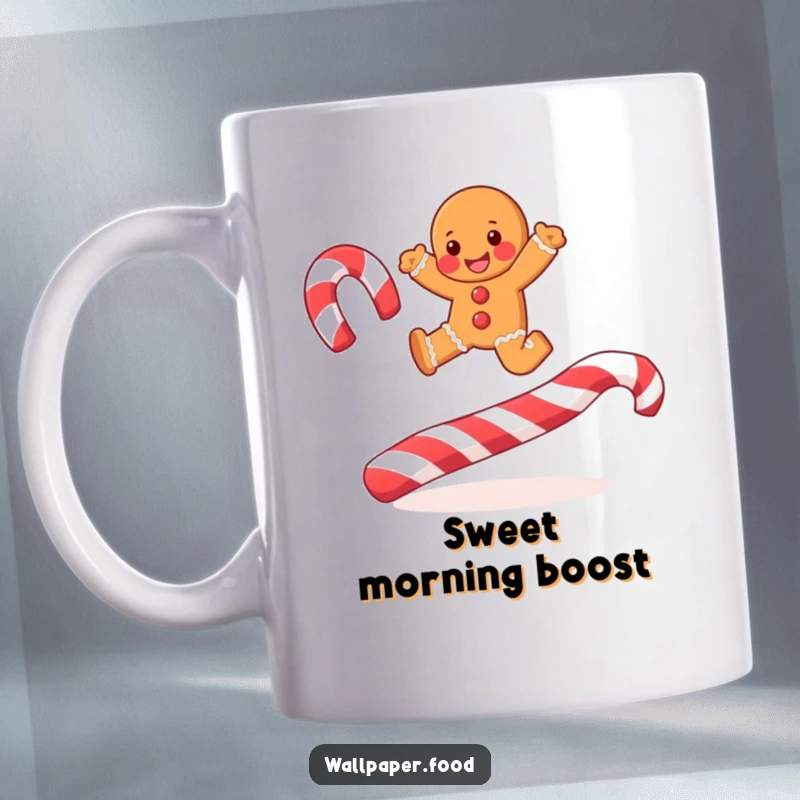 Funny joyful gingerbread man leaping over candy cane stripes on a coffee mug, a festive and humorous holiday item.