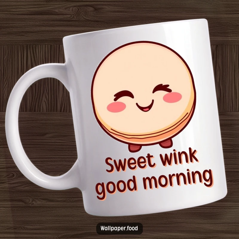 Funny mug with a smiling macaron character giving a playful wink, radiating joy, sweetness, and lighthearted humor.