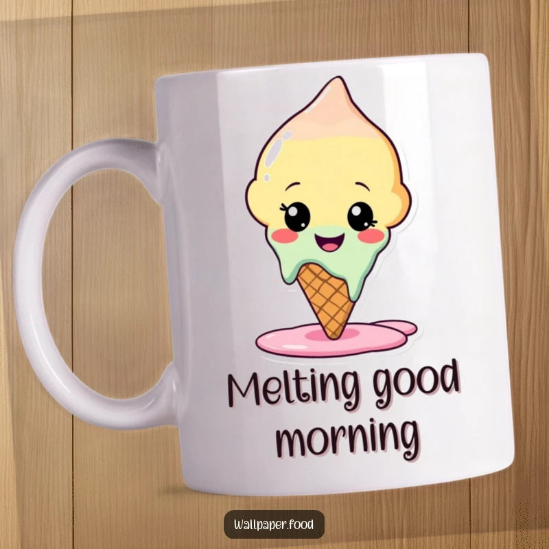 Funny mug with a smiling ice cream cone character, happily melting slightly, radiating pure, sweet, and humorous delight.