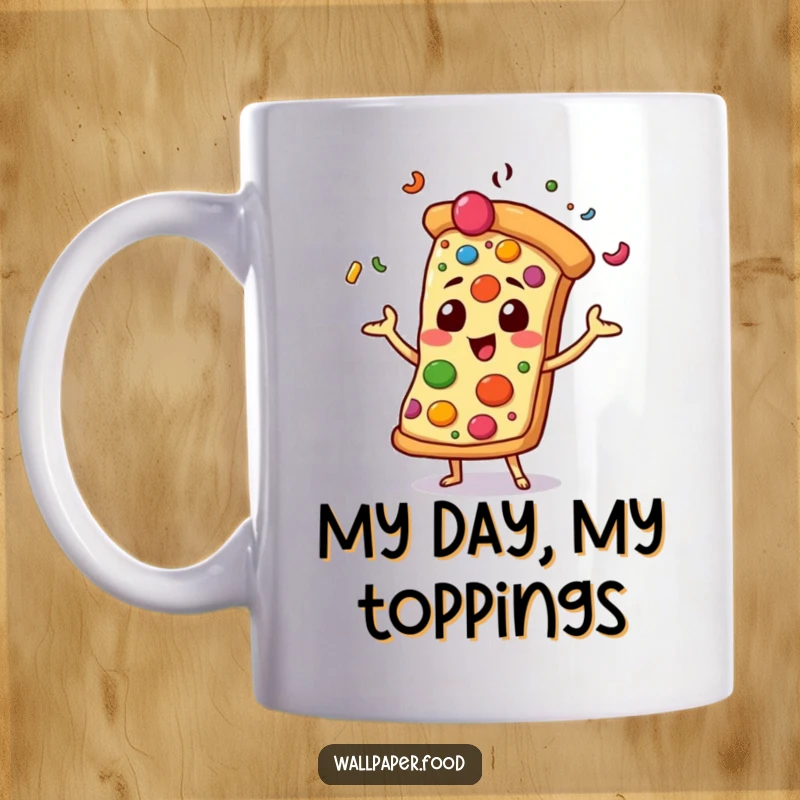 Funny mug depicting a pizza slice character gleefully juggling colorful toppings like pepperoni and olives, embodying pure joy.