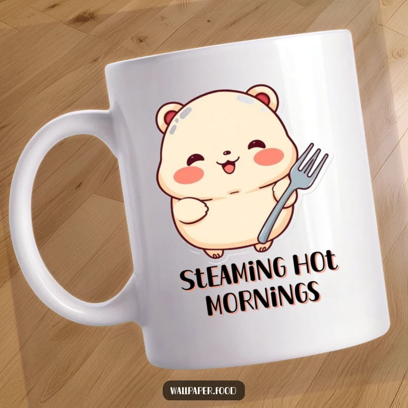 Funny mug with a proud dumpling character, rosy cheeks, holding a tiny fork, exuding adorable confidence and foodie charm.