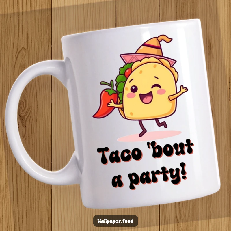 Funny mug featuring a happy taco in a tiny hat joyfully dancing with a smiling chili pepper, embodying pure fiesta fun.