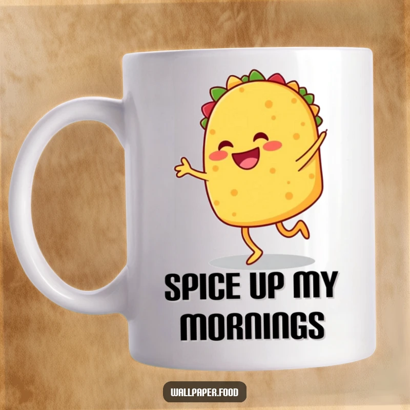 Funny mug featuring a smiling taco with legs joyfully performing a jig, perfect for fiesta lovers and those who love to dance. Funny gift.