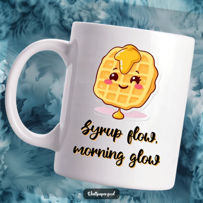 Funny mug showing a smiling waffle character with a cascade of syrup flowing delightfully down its sides.