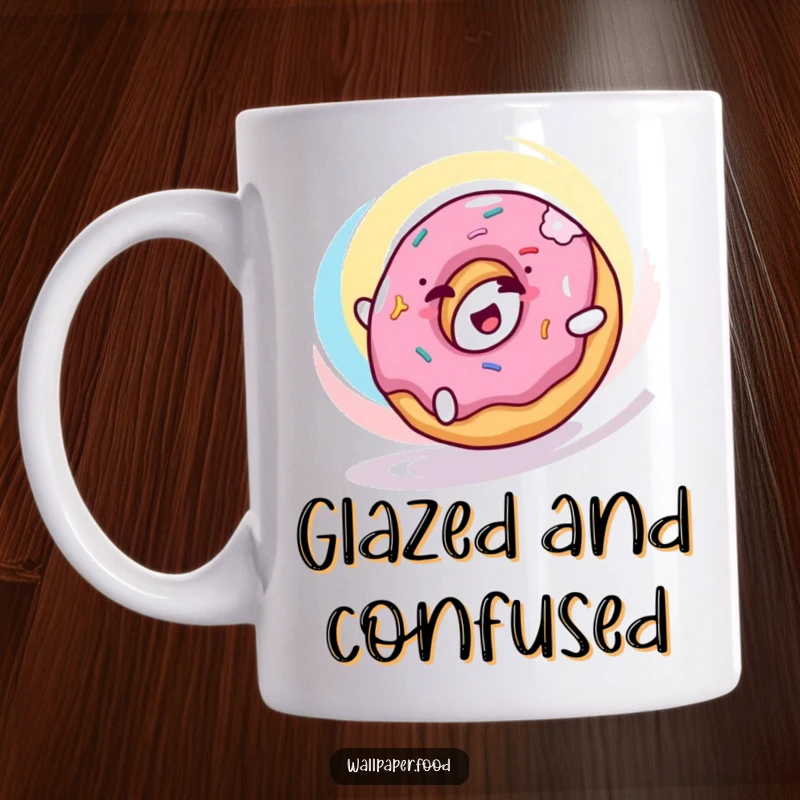 Funny donut mug featuring a happy donut character rolling with delight through a vibrant, colorful swirl, celebrating pure joy.