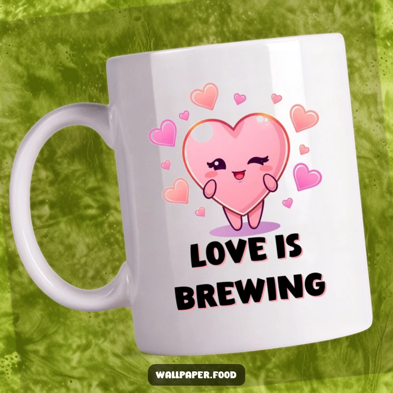 Funny mug featuring a charming candy heart character winking mischievously amidst glowing, colorful candy shapes.