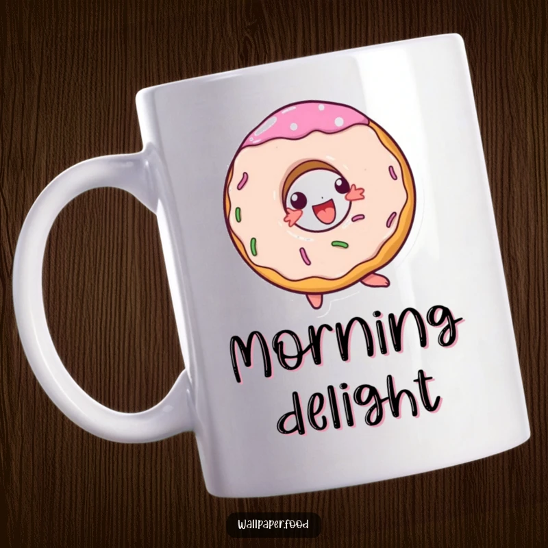 Funny mug showcasing a delighted doughnut character in mid-spin, exuding pure joy and sweetness.