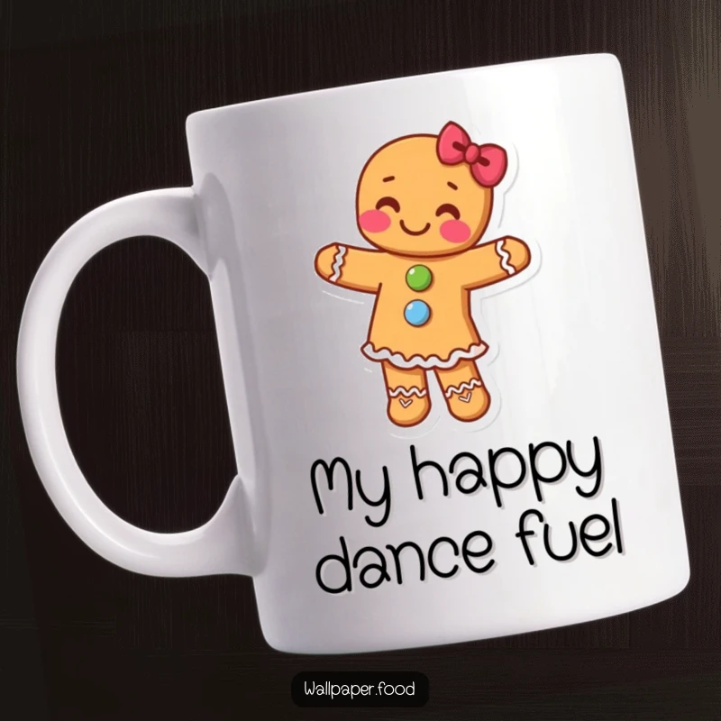 Funny mug featuring a gingerbread person with candy buttons dancing joyfully, spreading holiday cheer with every sip.