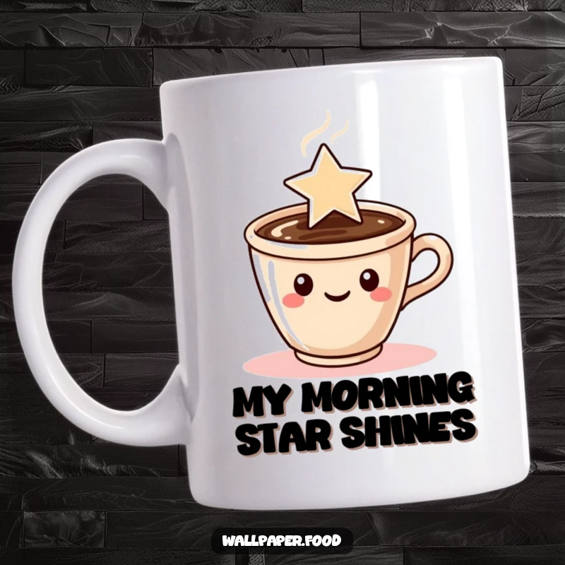 Funny mug showing a coffee cup character with steam rising and artfully shaped into a twinkling star.