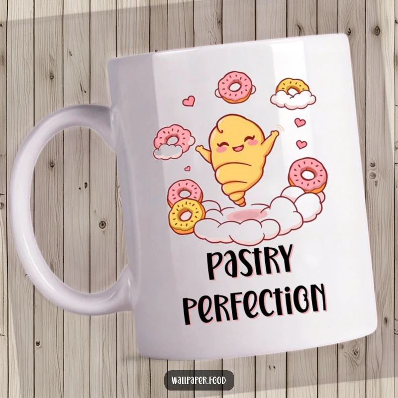Funny croissant mug featuring a giggling croissant character gracefully twirling amidst fluffy donut clouds, celebrating delicious fun.