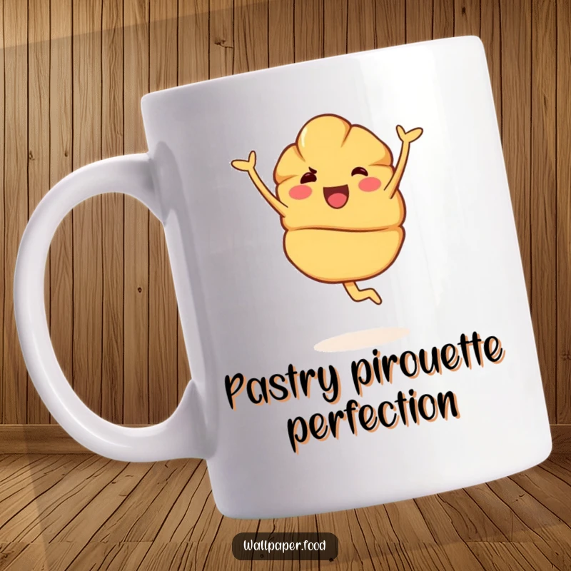 Funny Mug: A joyous croissant character gracefully performing a happy pirouette, embodying pure delight and culinary elegance.