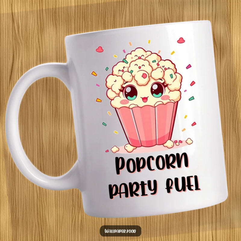 Funny mug depicting a playful popcorn character with wide eyes joyfully throwing colorful confetti, creating a celebratory scene.