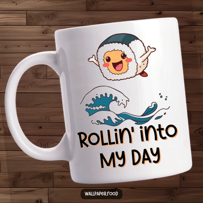 Funny sushi roll mug featuring a cheerful sushi character leaping joyfully over stylized ocean wave patterns, celebrating culinary fun.