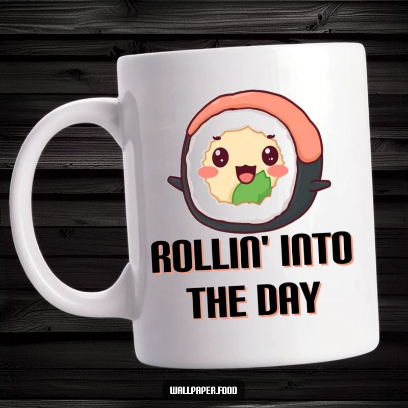 Funny mug featuring a delighted sushi roll with beady eyes happily bouncing, perfect for sushi enthusiasts who love a cheerful vibe. Funny gift.