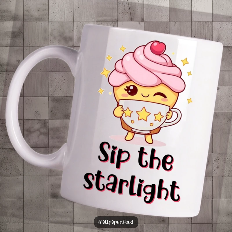 Funny cupcake mug featuring a winking cupcake character offering a magical teacup crafted from stars, inviting a sweet moment.