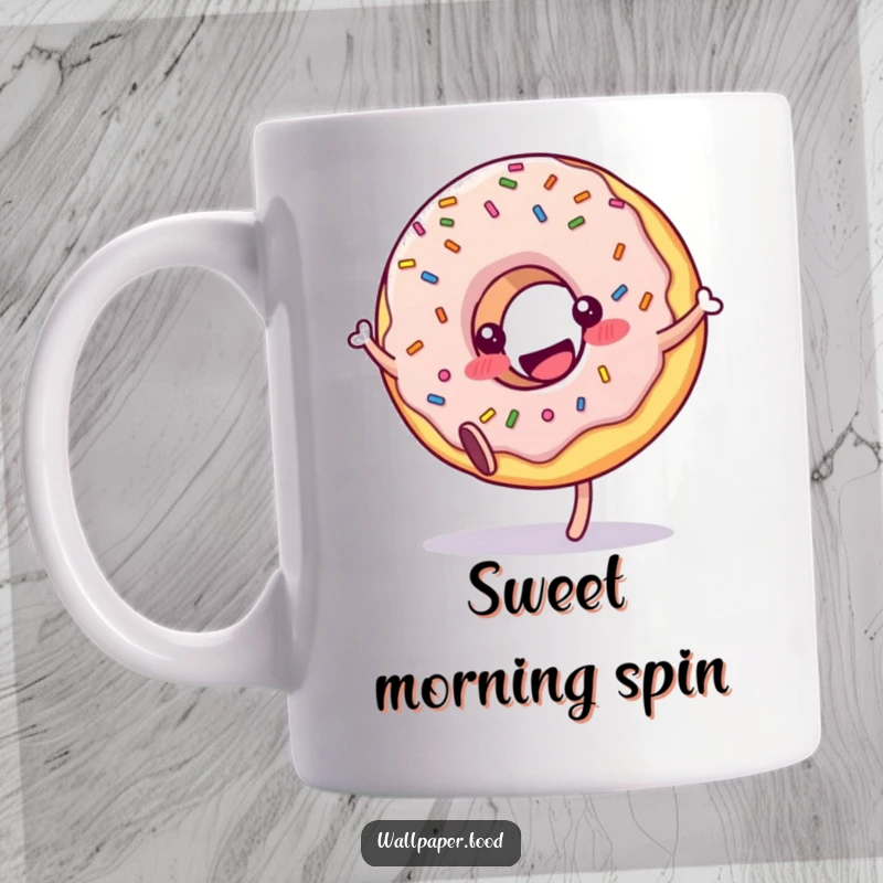 Funny cheerful donut mug character with sprinkles doing a delightful cartwheel, radiating pure happiness. A sweet and humorous item.