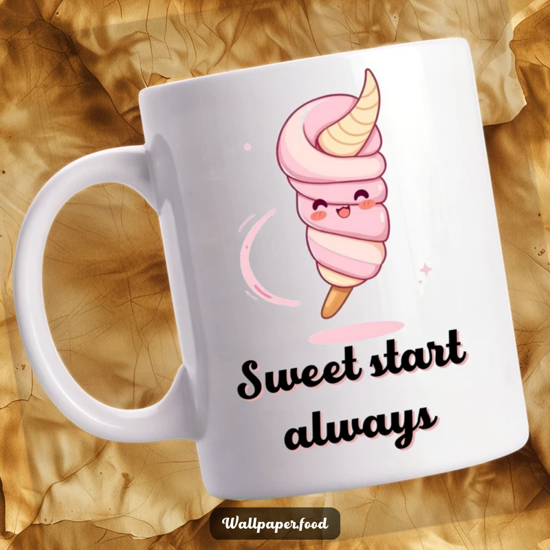 Funny mug with a dynamic churro character joyfully twirling, leaving a sugary trail, embodying sweet fun and delicious energy.