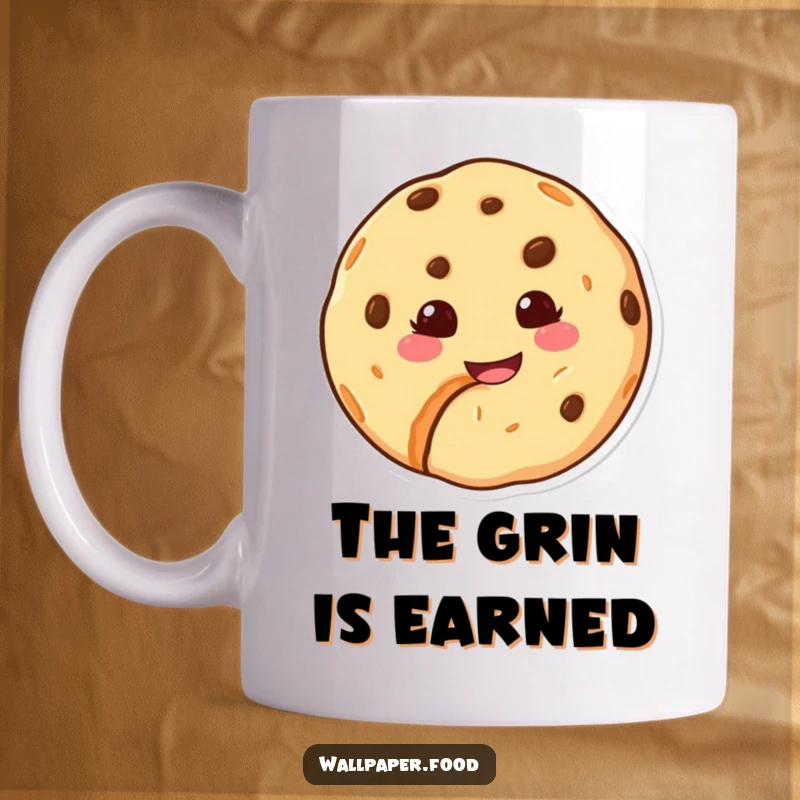 Funny mug illustrating a happy cookie character with a noticeable bite taken out, revealing a sweet and knowing grin.
