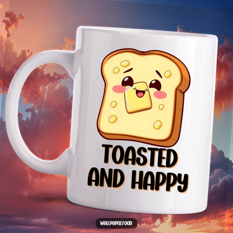 Funny mug featuring a slice of buttered toast wiggling with pure glee, radiating breakfast happiness and delightful silliness.