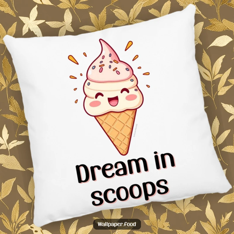Funny decorative pillow featuring a delighted ice cream cone character with a sprinkle eruption, ideal for comfort and charm.