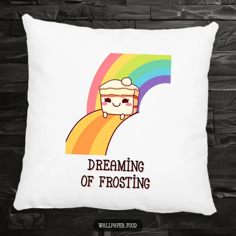 Funny pillow featuring a grinning cake character sliding down a colorful rainbow, offering soft comfort and a cheerful, sweet design.
