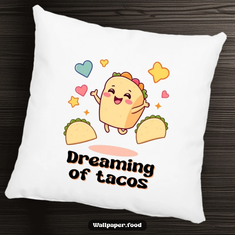 Funny taco pillow featuring a smiling taco character dancing with pure joy, surrounded by floating taco shapes, for ultimate comfort.