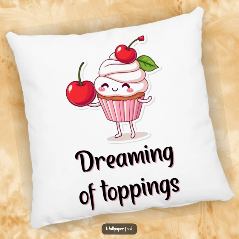 Funny pillow showcasing a smiling cupcake character expertly balancing a large cherry, exuding humor and softness for relaxation.
